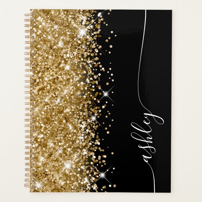 Agenda Dourado Brilhante Glam Preto e Branco Script Elega (Frente)