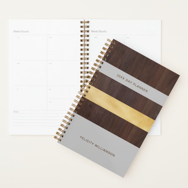 Agenda Dourado de Woodgrain & Cinza Stripe Moderno (Exibição)