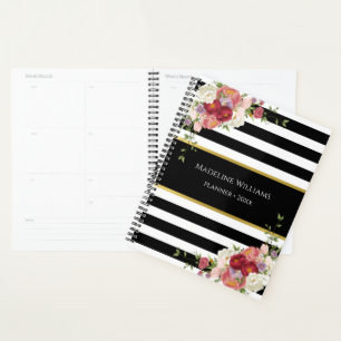 Agenda Dourado Floral Preto-Branco Estimulado   Planejado