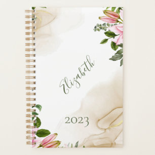 Agenda Dourado Floral Verde Rosa Personalizado Anualmente