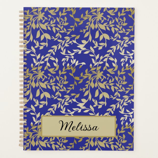 Agenda Dourado Folhas Botânicas Escuro Azul (Frente)