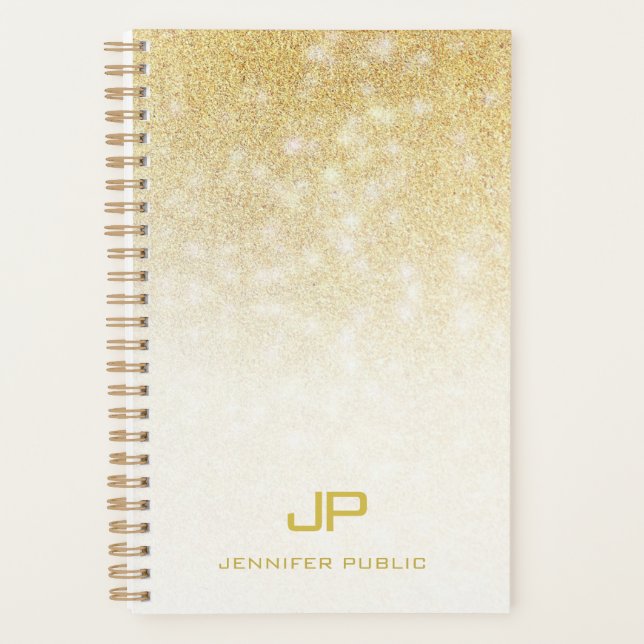 Agenda Dourado Glitter Modern Monograma Nome Elegante Mod (Frente)