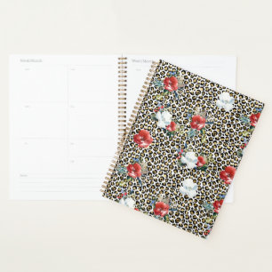 Agenda Dourado Leopardo Impresso Vermelho Floral Branco