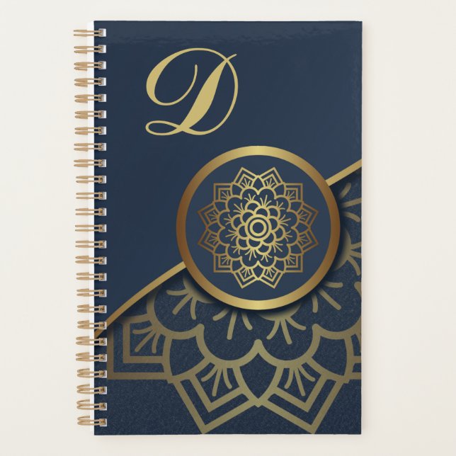 Agenda Dourado luxo personalizado Mandala Art Blue (Frente)