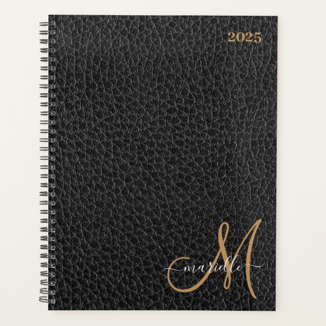 Agenda Dourado Monograma Faux Black Leather Semanal Mensa (Frente)