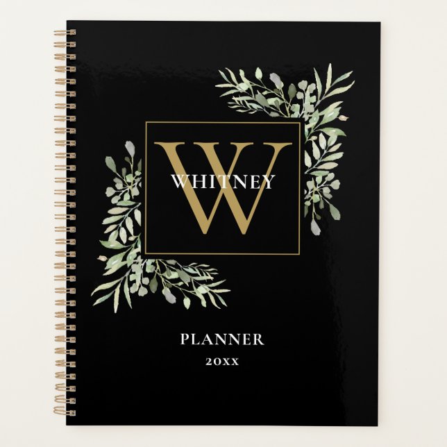 Agenda Dourado Monograma Verde Elegante Negro 2023 (Frente)
