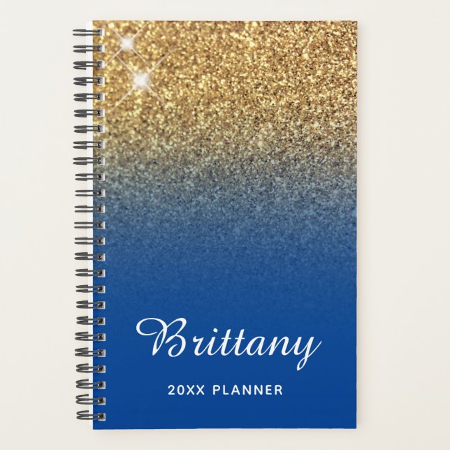 Agenda Dourado Ombre Azul Profundo Personalizado (Frente)
