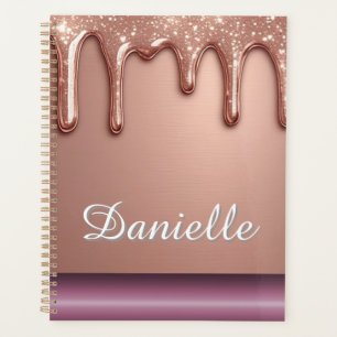 Agenda Dourado Rosa Brilho Gotejamento Monograma Nome Per