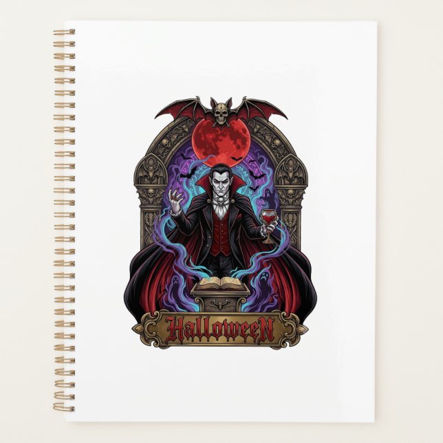 Agenda Drácula de Halloween Lua Vermelha Morcegos Caveira (Frente)