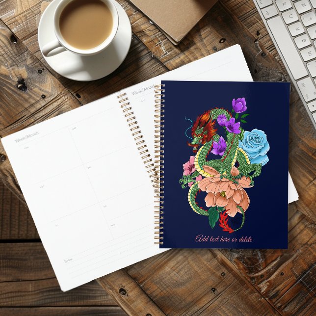 Agenda Dragão Chinês Verde Místico Floral Azul Marinho (Criador carregado)