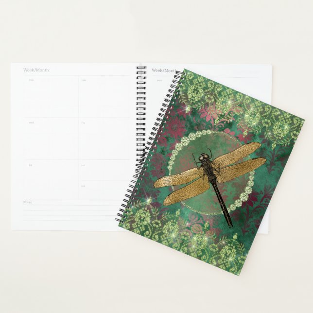 Agenda Dragonfly Dourada Elegante em Verde com Rinestones (Exibição)