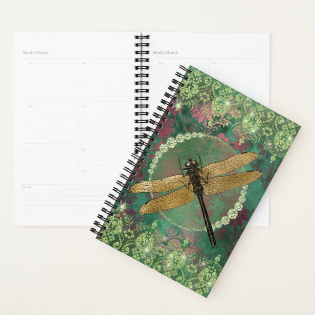 Agenda Dragonfly Dourada Elegante em Verde com Rinestones (Exibição)