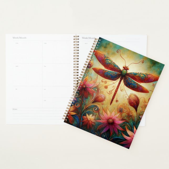 Agenda Dragonfly Floral Abstrato-Art Teal Rosa (Exibição)