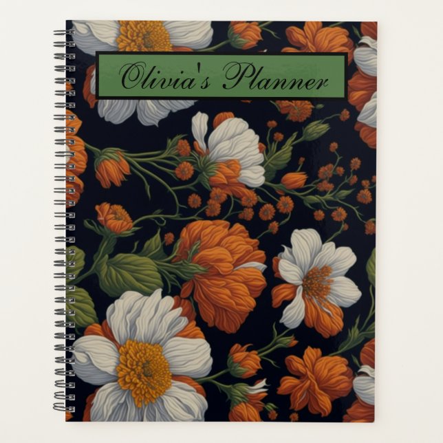 Agenda Dramatic Orange White Retro Flores elegantes (Frente)