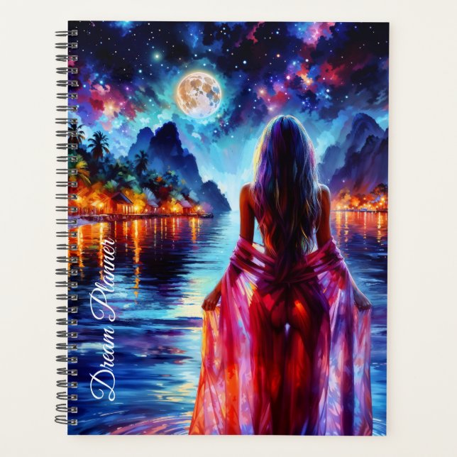 Agenda Dreamy ocean beach girl with moon and lights (Frente)