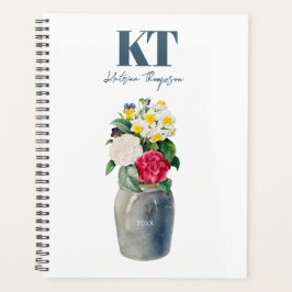 Agenda Dusty Blue Watercolor Floral Vintage Vase Monogram