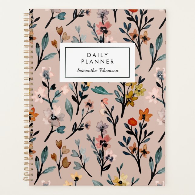 Agenda Dusty Rosa Boho Floral Watercolor Personalizado Nã (Frente)