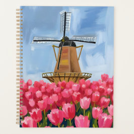 Agenda Dutch Windmill | Tulip Flower Field Watercolor
