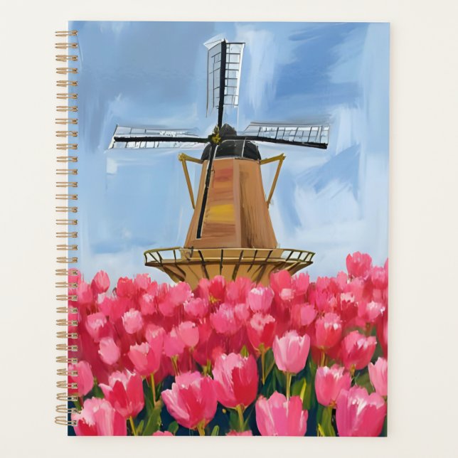 Agenda Dutch Windmill | Tulip Flower Field Watercolor (Frente)