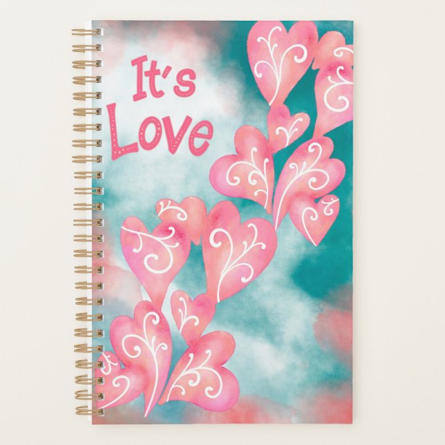 Agenda É Amor – Cascata de Corações Rosa e Turquesa (Frente)