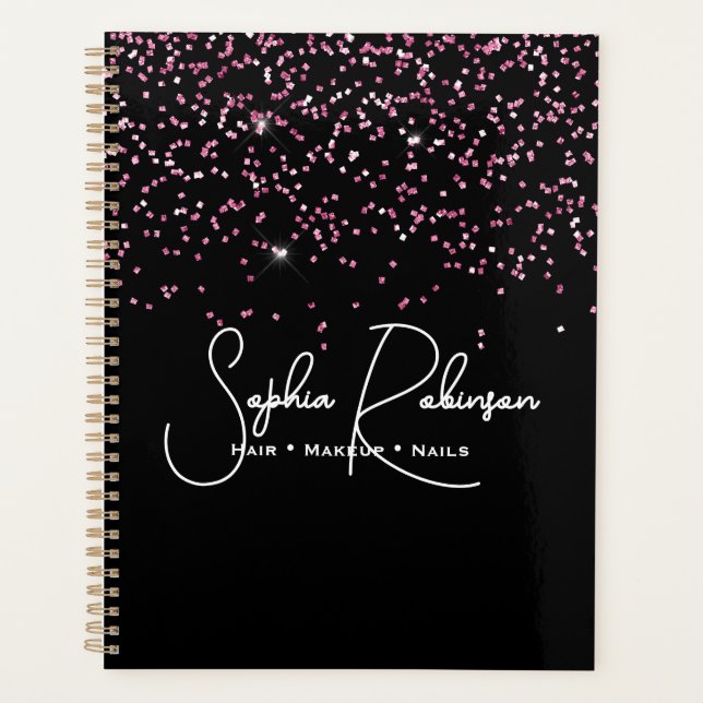 Agenda Elegant Black and Pink Glitter Salon Business (Frente)