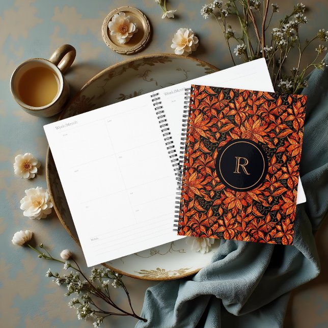 Agenda Elegant Boho Autumn Shades Monogram with Initial  (Boho Elegant Autumn Tones Planner with Monogram.)