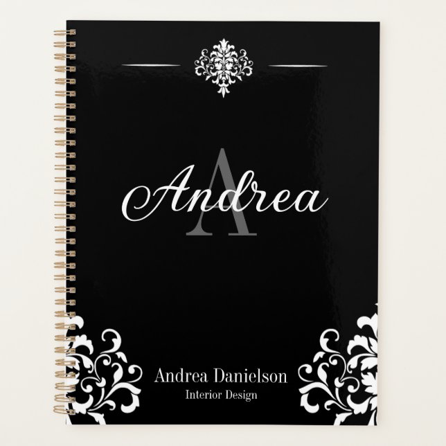 Agenda Elegant Damask Monogrammed Black and white Office (Frente)