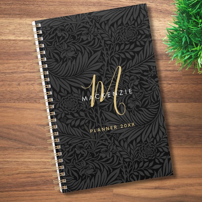 Agenda Elegant Gold Monogram Black Floral 2026 (Criador carregado)