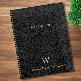 Agenda Elegant Gold Monogram Name Black Floral 2026