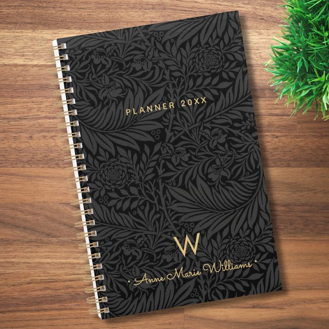 Agenda Elegant Gold Monogram Name Black Floral 2026 (Criador carregado)