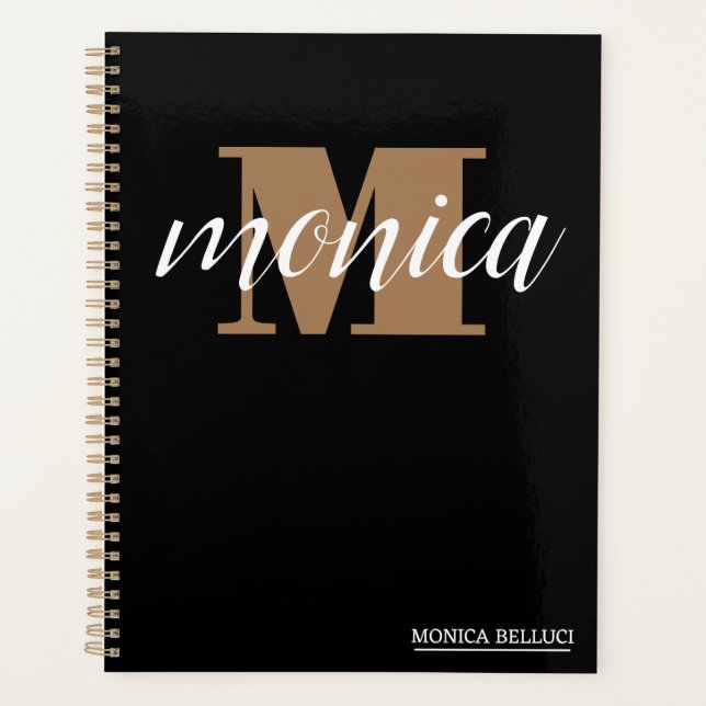 Agenda Elegant Monogram Black Gold Script minimal (Frente)