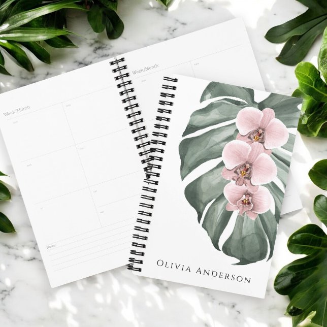 Agenda Elegant Pink Orchids Tropical Watercolor Floral (Criador carregado)