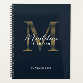 Agenda Elegant Script Metallic Navy Blue Gold Monogram