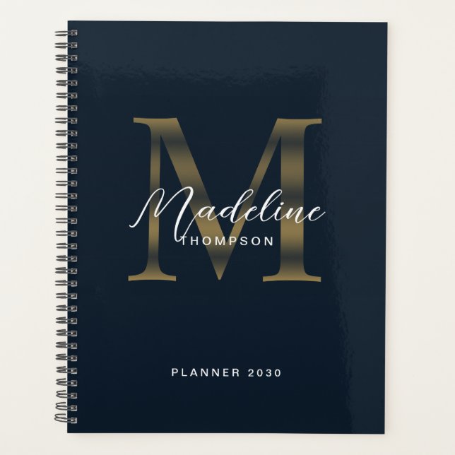 Agenda Elegant Script Metallic Navy Blue Gold Monogram (Frente)