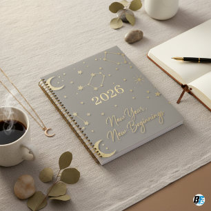 Agenda Elegante Ano Novo Celestial Cinza Dourado