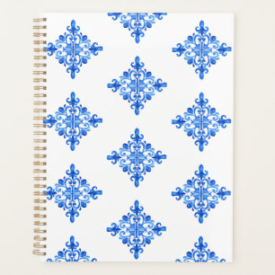 Agenda Elegante Azul Aquarela Azulejo Português Floral