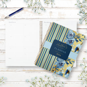 Agenda Elegante Azul Dourado Watercolor Floral Personaliz