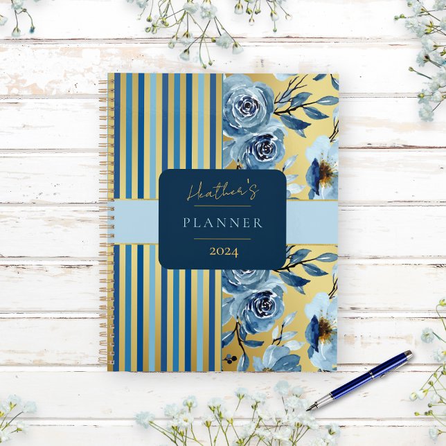 Agenda Elegante Azul Dourado Watercolor Floral Personaliz (Criador carregado)
