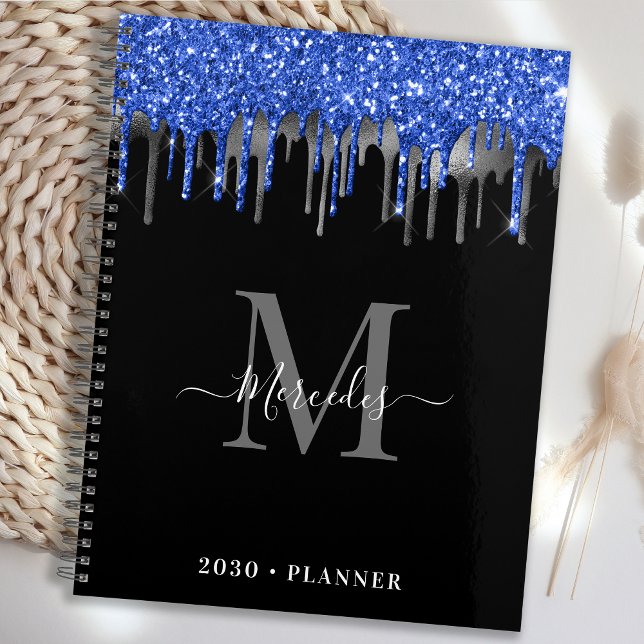 Agenda Elegante Black Blue Silver Glitter Drives Monogram (Criador carregado)