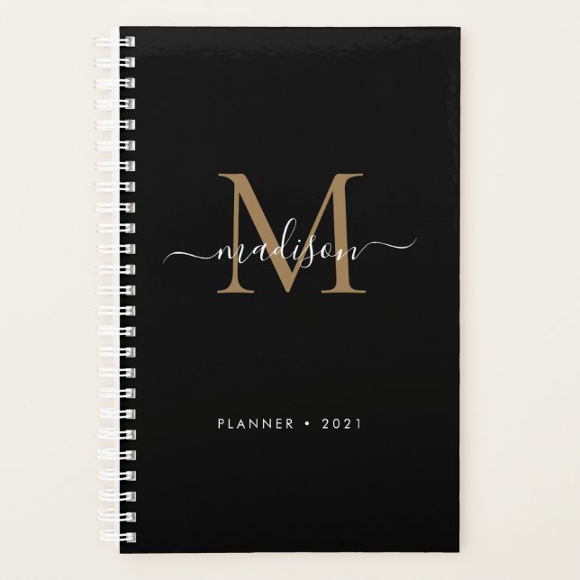 Agenda Elegante Black Dourado Girly Monographic Nome do S (Frente)