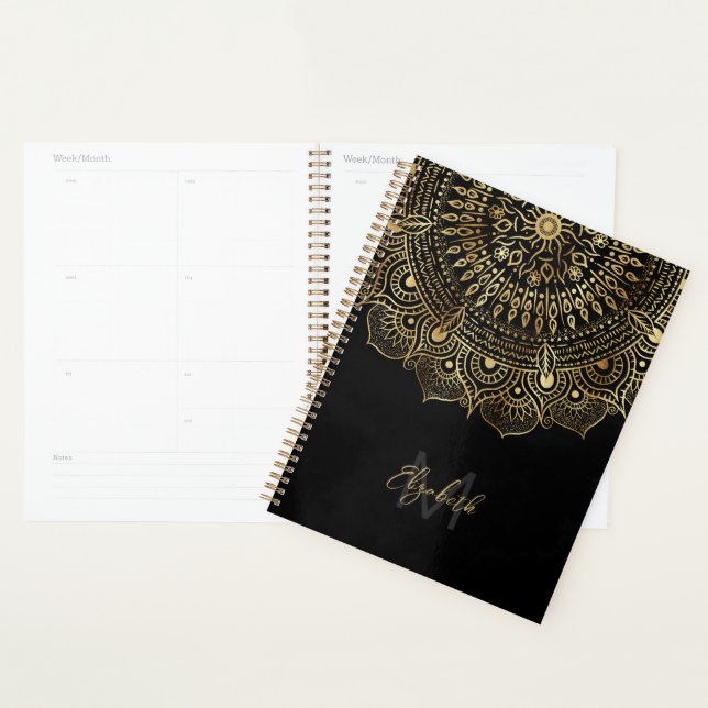 Agenda Elegante Black Dourado Mandala Floral Design (Exibição)