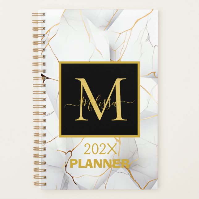 Agenda Elegante Branco e Dourado Monograma Marbled (Frente)