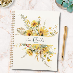 Agenda Elegante Buquê de Girassóis com Monograma em Aquar