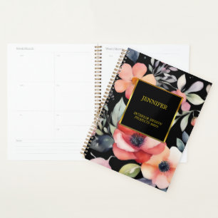 Agenda Elegante de flores aquáticas, preto-e-ouro