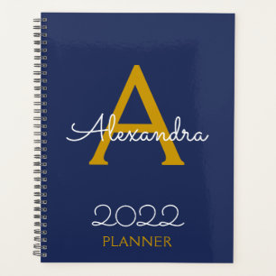 Agenda Elegante do Monograma Azul do Marinho Dourado de 2