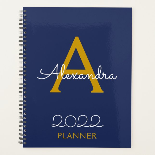 Agenda Elegante do Monograma Azul do Marinho Dourado de 2 (Frente)