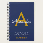 Agenda Elegante do Monograma Azul do Marinho Dourado de 2<br><div class="desc">2022 Monograma Azul Dourado e Marinho e Planejador de Notebook Espiral Inicial. Isto faz o doce e perfeito aniversário de 16 anos,  casamento,  chá de panela,  aniversário,  chá de fraldas ou festa de solteira presente para alguém que ama luxo de luxo e estilos quíticos.</div>