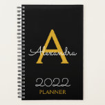 Agenda Elegante do Monograma Negro Dourado de 2022<br><div class="desc">Nome do Monograma Preto Dourado 2022 e Planejador de Notebook Espiral Inicial. Isto faz o doce e perfeito aniversário de 16 anos,  casamento,  chá de panela,  aniversário,  chá de fraldas ou festa de solteira presente para alguém que ama luxo de luxo e estilos quíticos.</div>