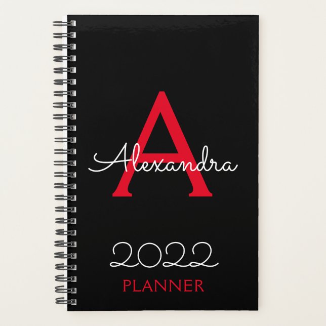 Agenda Elegante do Monograma Vermelho Negro 2022 (Frente)