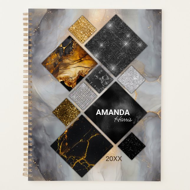 Agenda Elegante dourado negro, geométrico (Frente)